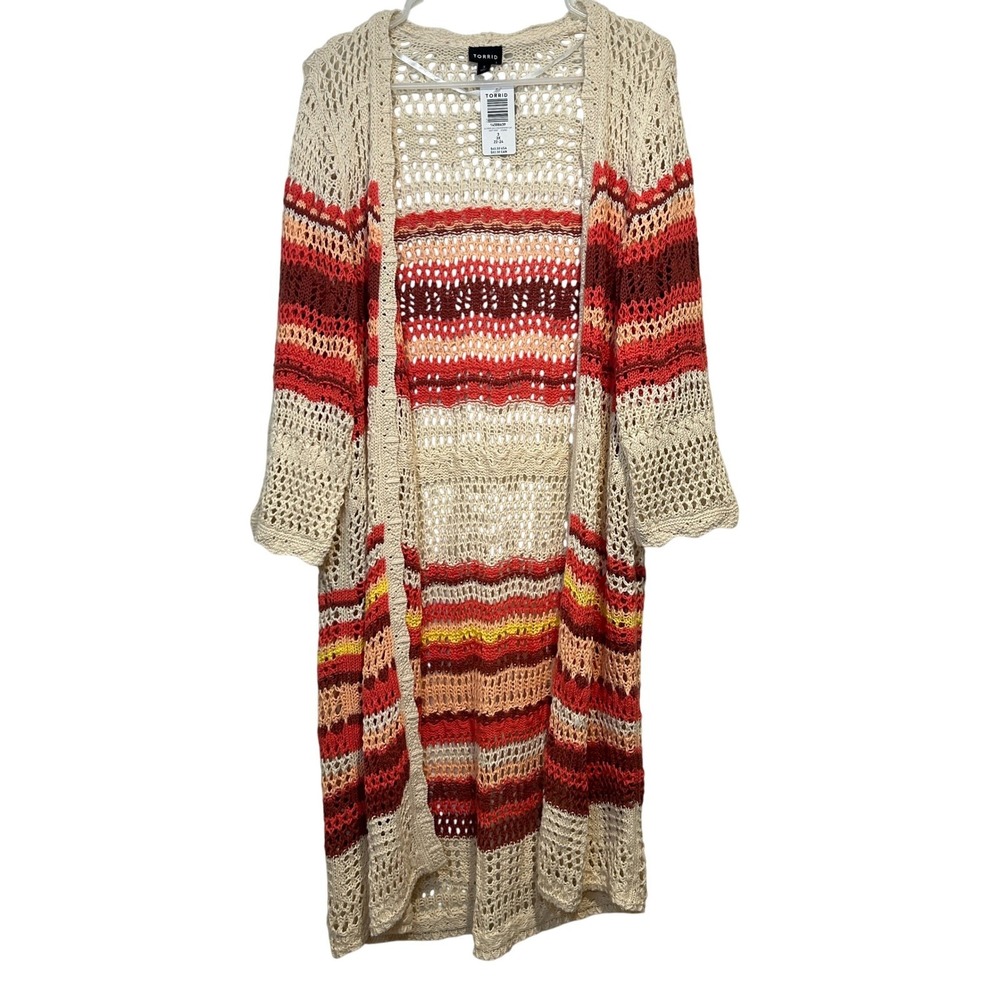 Torrid Open Knit Stripe Crochet Boho Duster‎ Cardigan Sweater Size 3 - Picture 2 of 8